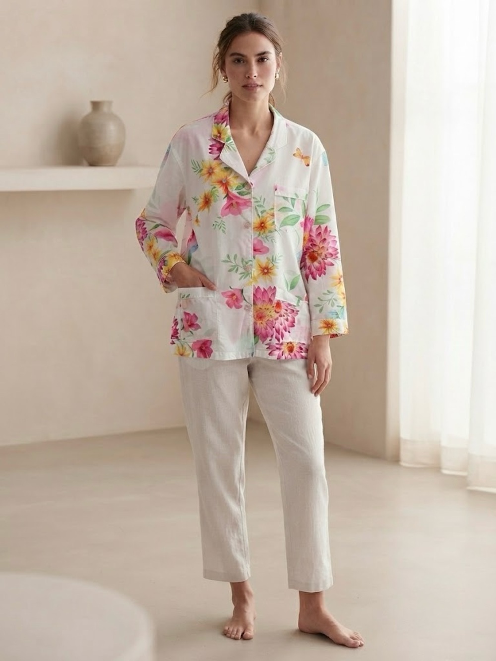 Victoria's Secret 100% Cotton Floral Butterfly Tropical Sleep Shirt Pockets XL